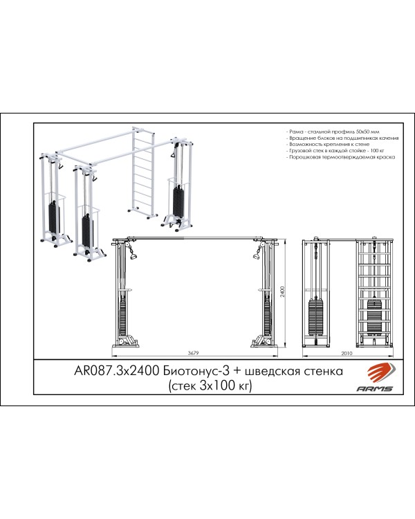 AR087.3х2400 Биотонус-3+шведская стенка (стек 3х100кг) AR087.3х2400 Биотонус-3+шведская стенка (стек 3х100кг)