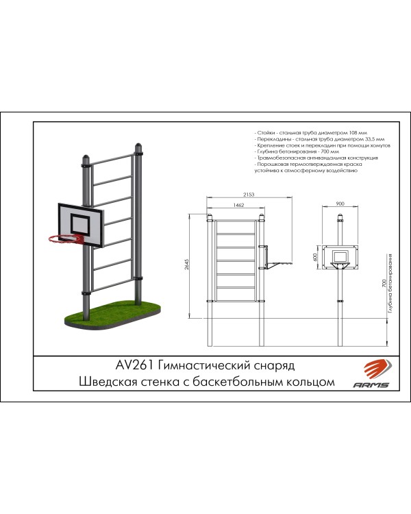 AV261 Гимнастический снаряд Шведская стенка с баскетбольным кольцом AV261 Гимнастический снаряд Шведская стенка с баскетбольным кольцом