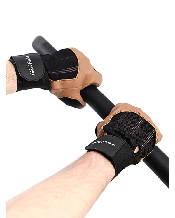 Перчатки для фитнеса мужские кожаные Q11, черно-коричневые (S)